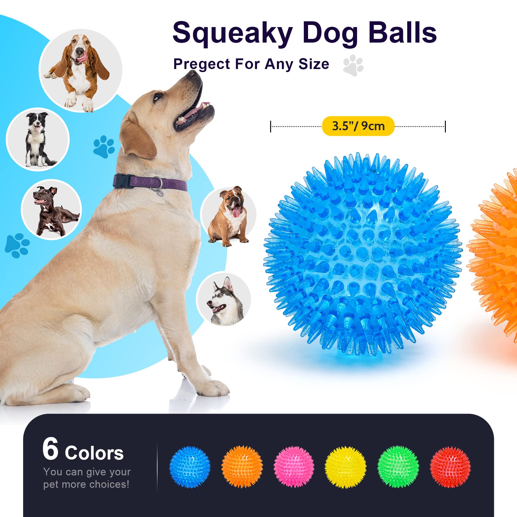 VITEVER 3.5” Squeaky Dog Toy Balls (6 Colors) Puppy Chew Toys
