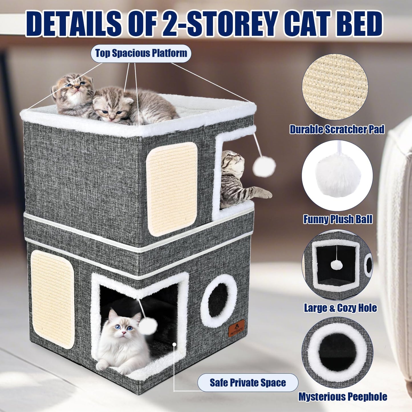 2-Story Cat House for Indoor Cats, Dual-Purpose Cave Bed with Bed
