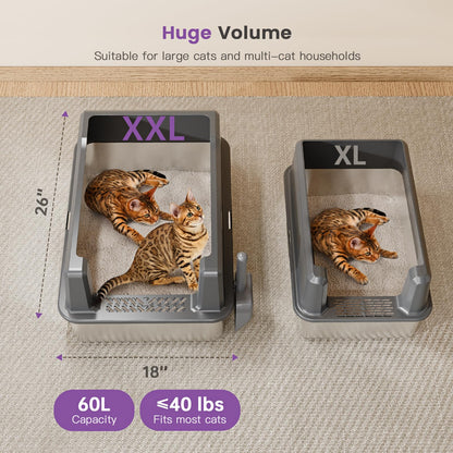 Extra Large XXL Stainless Steel Cat Litter Box with Lid, 26" L x Box