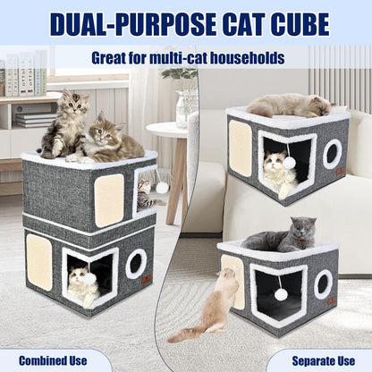 2-Story Cat House for Indoor Cats, Dual-Purpose Cave Bed with Bed