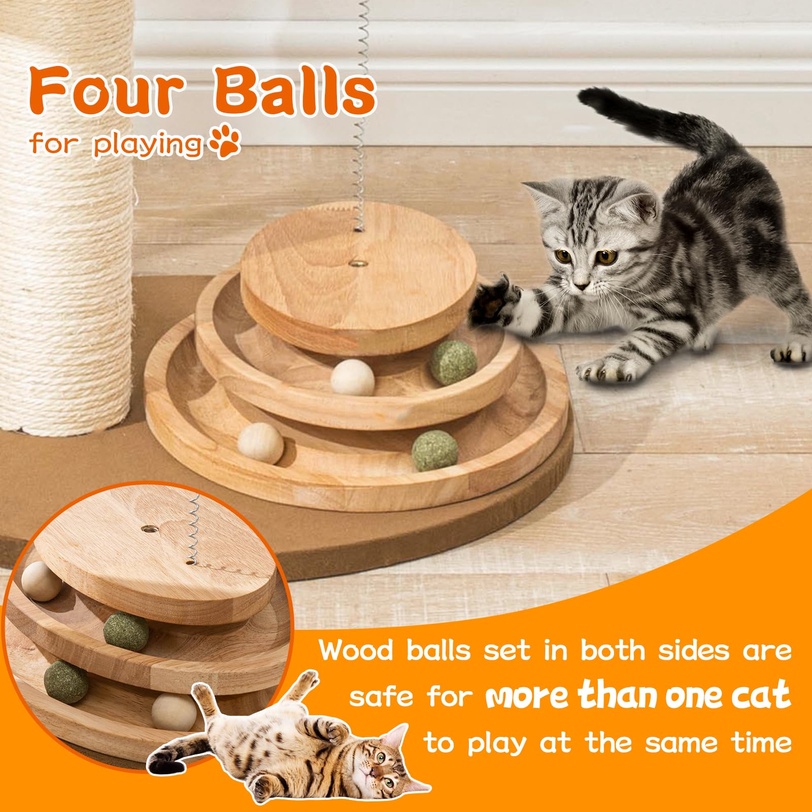 Natural Wood Modern Cat Tree with Top Cats Bed, Unique Cute Toy