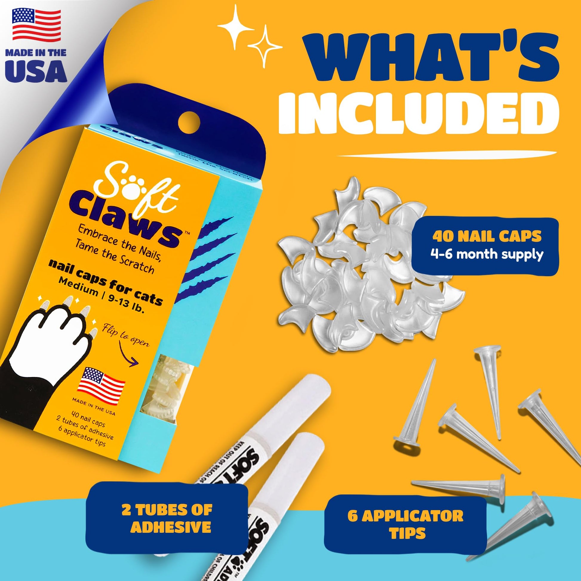 Soft Claws Cat Nail Caps for Medium Cats (40 Caps, Sparkle) Made