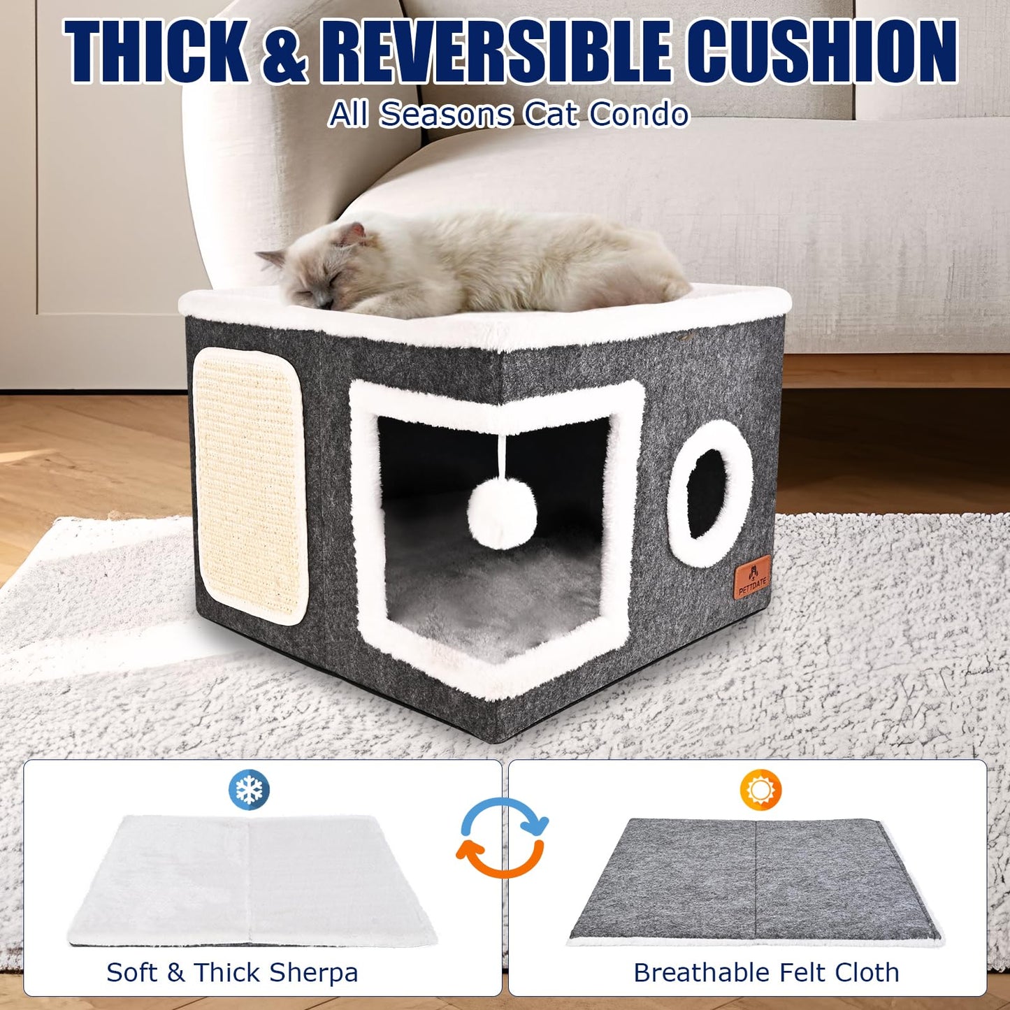 Felt Cat Cave Beds for Indoor Cats, Foldable Cat Hideaway with House