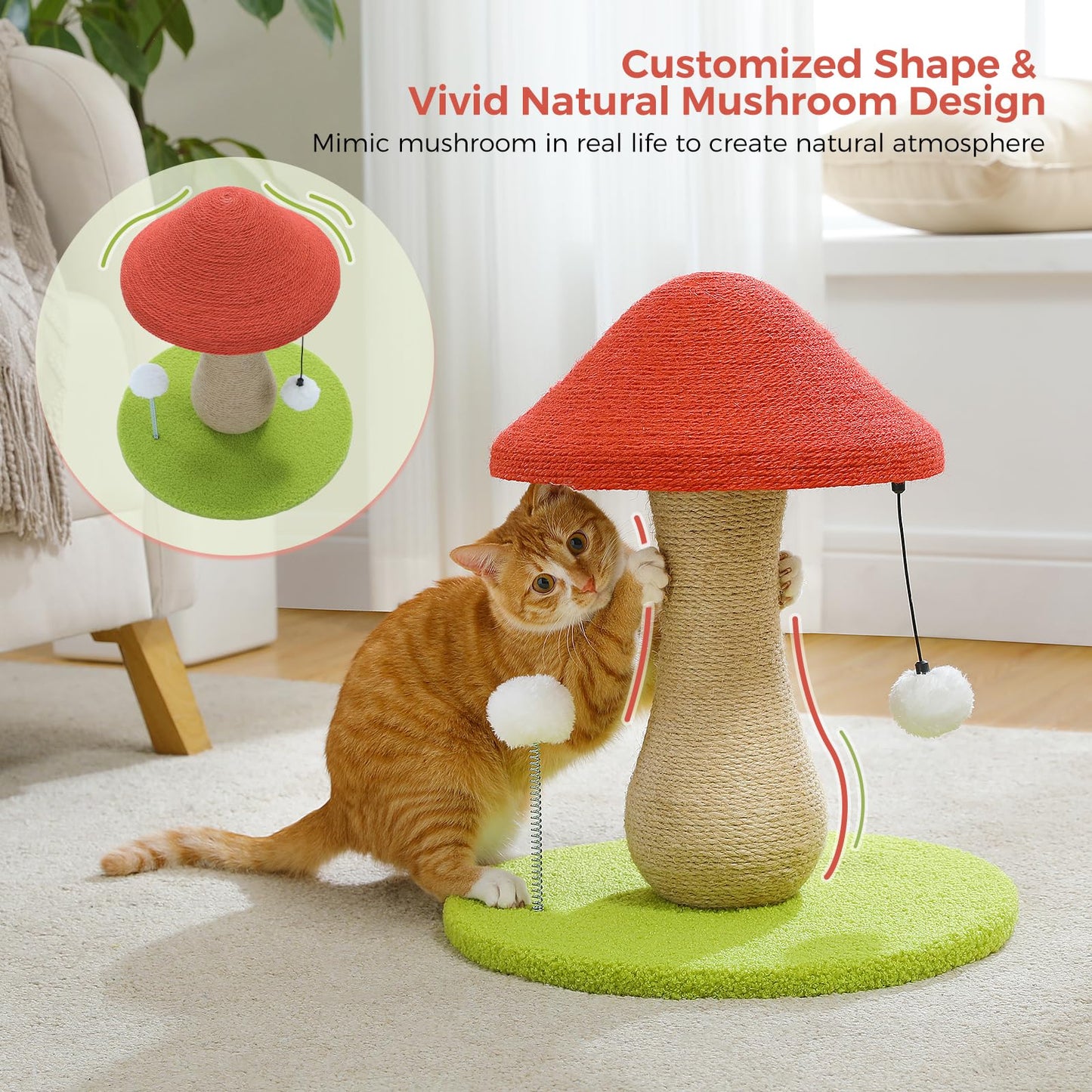 PETEPELA Mushroom Cat Scratching Post, Cat Scratcher Cute with Toy
