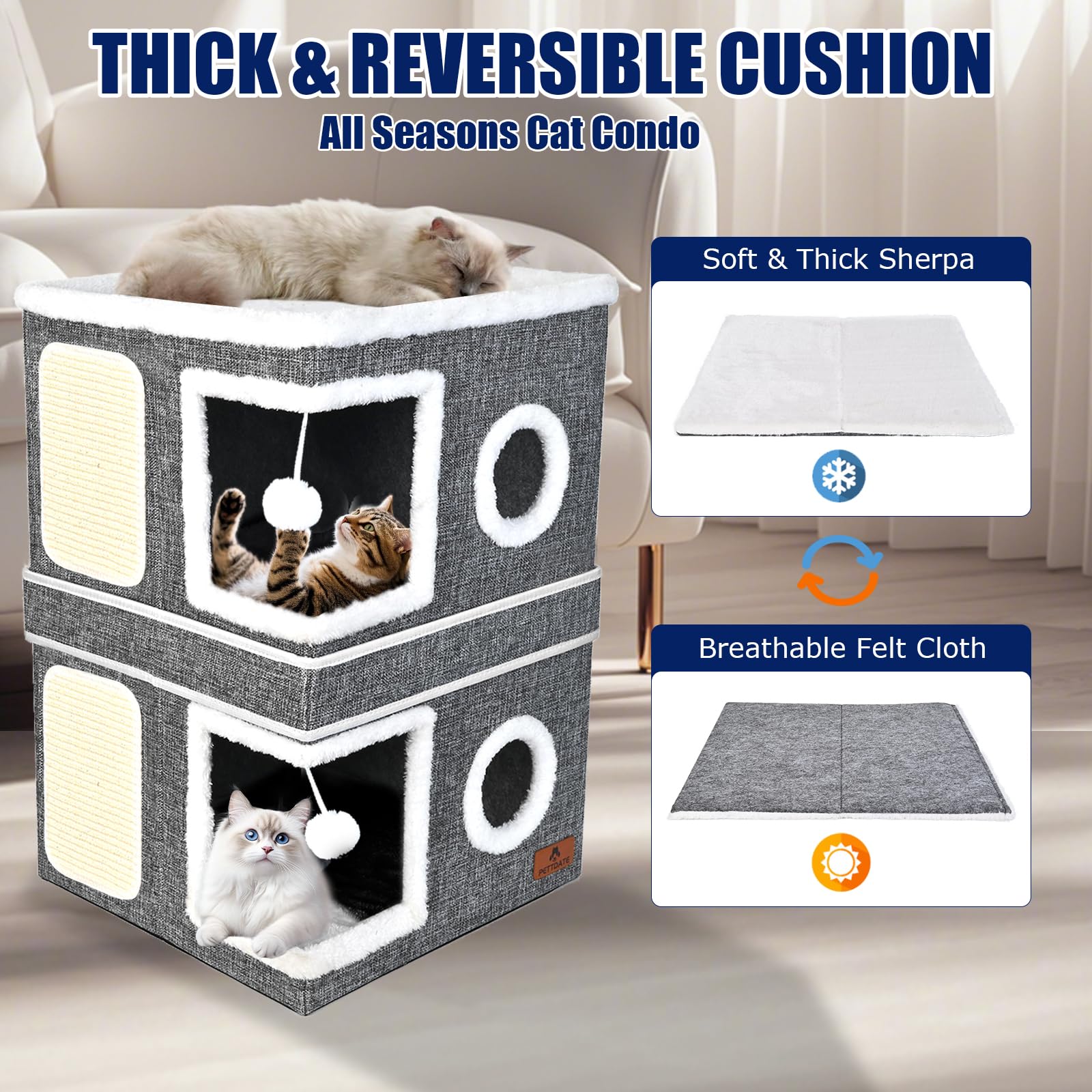 2-Story Cat House for Indoor Cats, Dual-Purpose Cave Bed with Bed