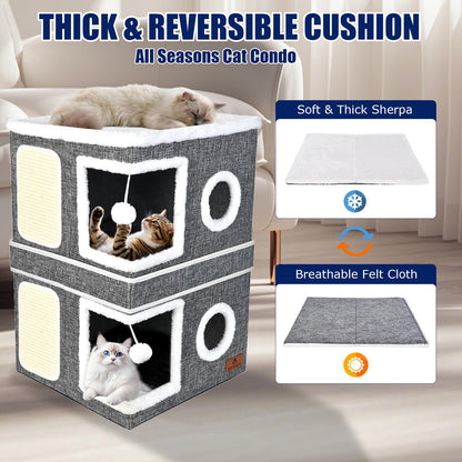 2-Story Cat House for Indoor Cats, Dual-Purpose Cave Bed with Bed