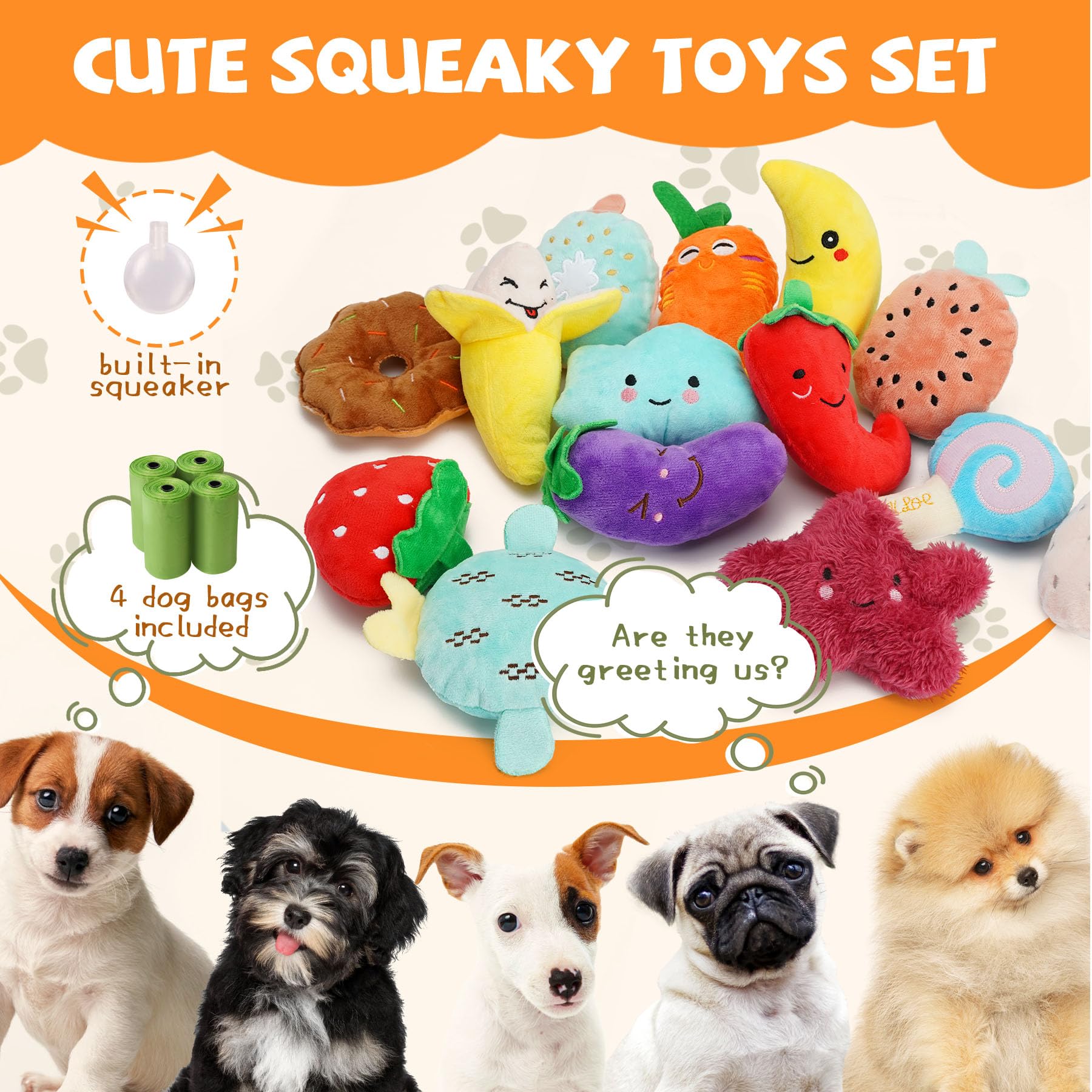 QTwoof Cheerful 20-Pack Squeaky Dog Toys Set Included 4 Dog Bags Plush
