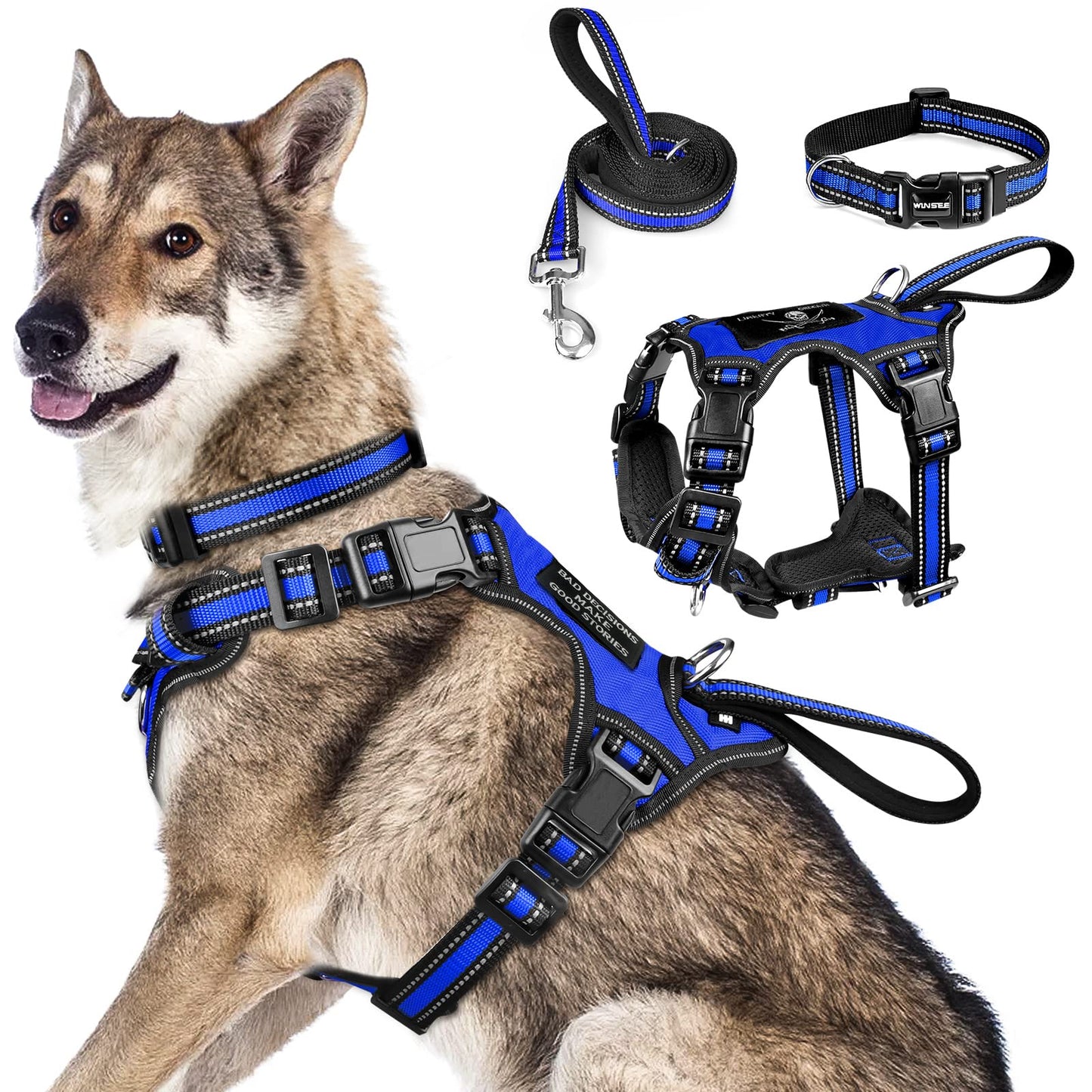WINSEE Reflective Dog Harness, Collar Leash Set, No Pull Collar
