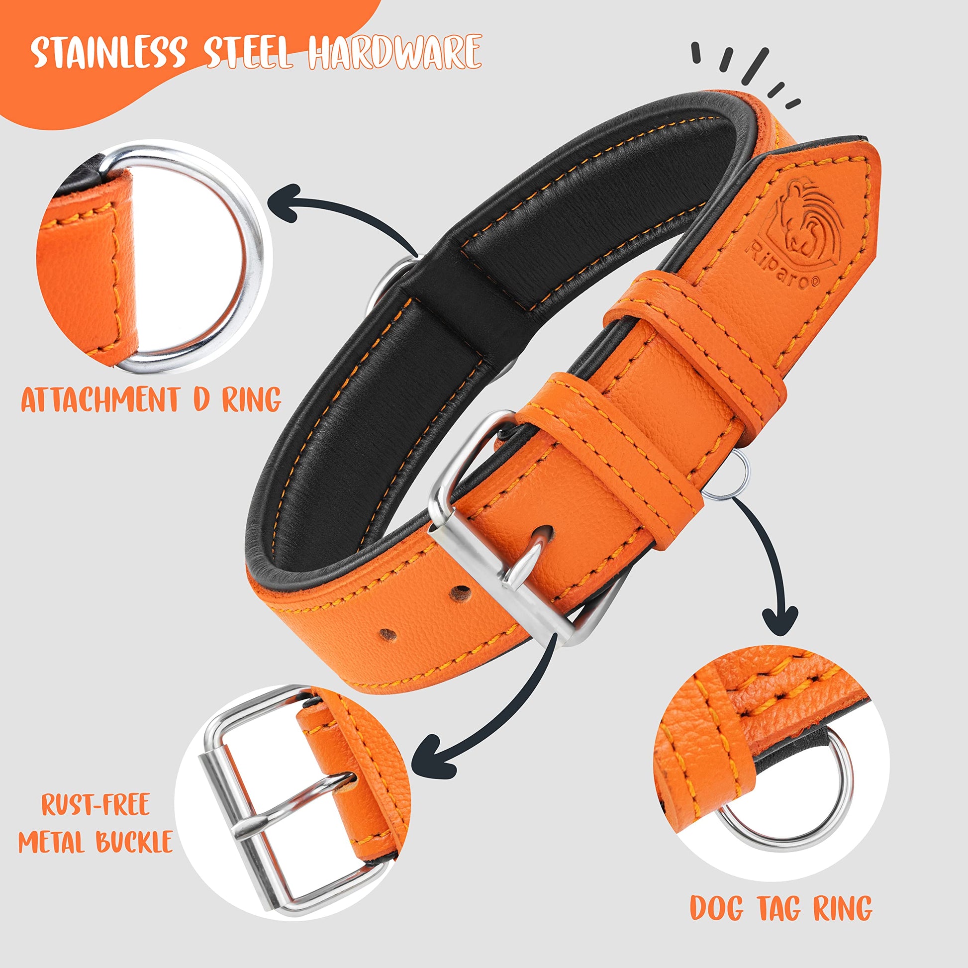 Riparo Leather Dog Collar, Large Dog Collar, Padded Heavy Duty Collar