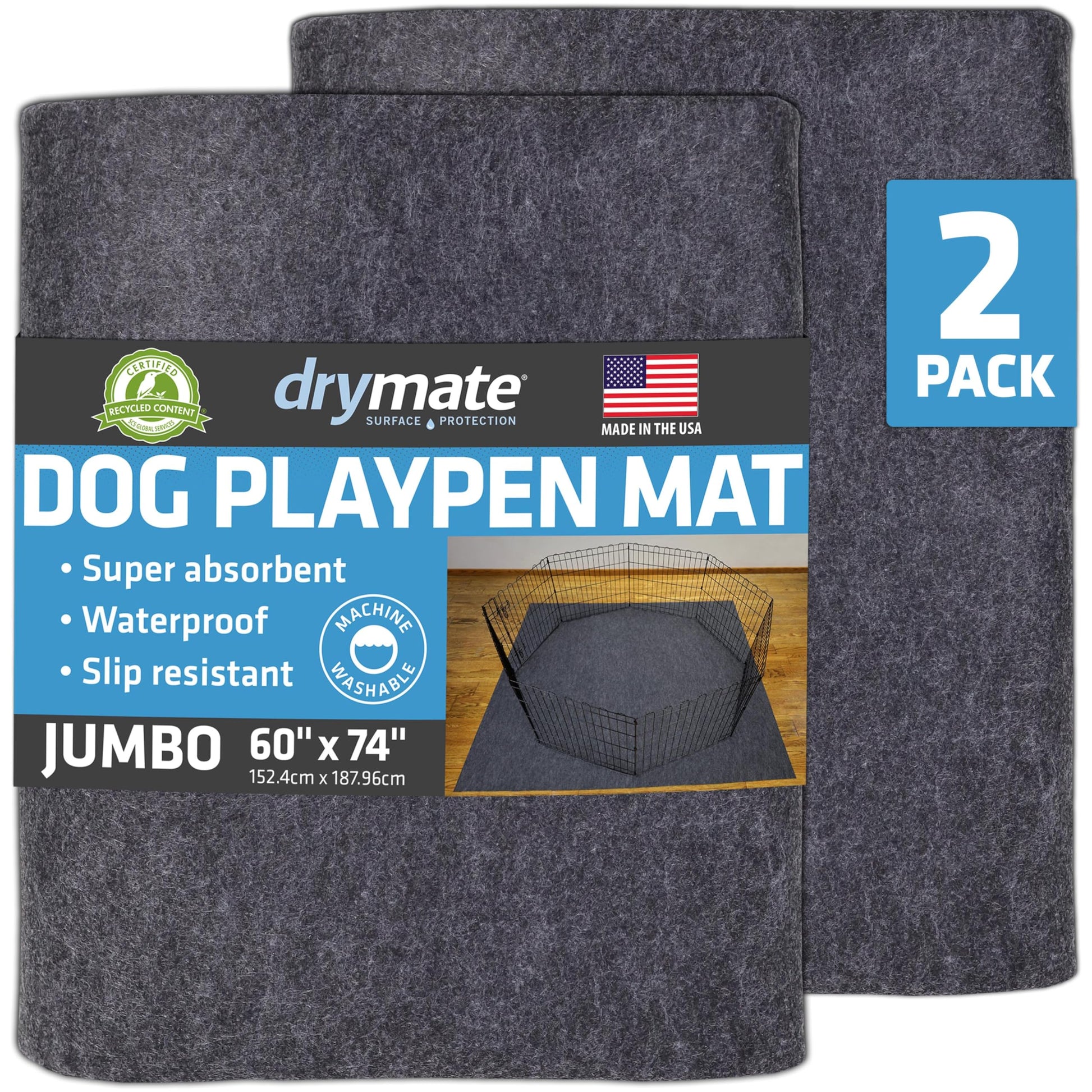 Drymate 2-Pack Jumbo Dog Playpen Mat (60x74), Absorbent, Mat