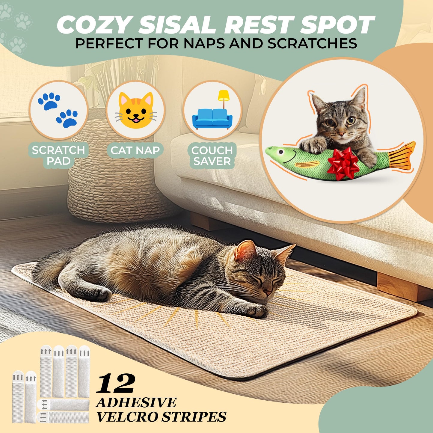 Sisal Scratcher, [+ Catnip Fish Toy], Cat Wall Scratcher, Couch Mat
