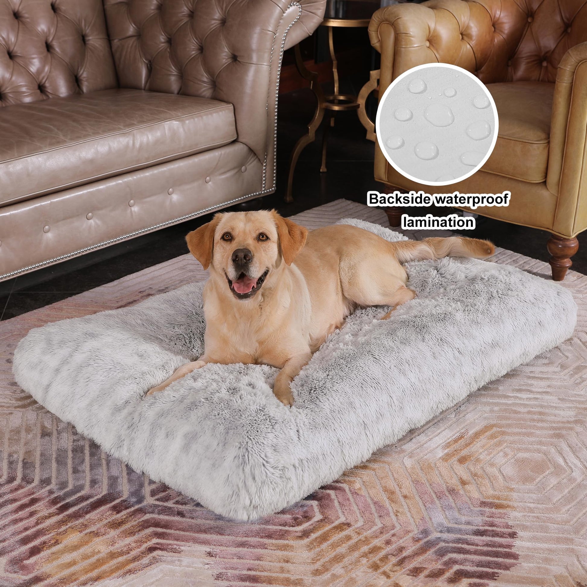 Bedfolks Plush Dog Crate Bed, Waterproof Washable Faux Fur Pad Bed