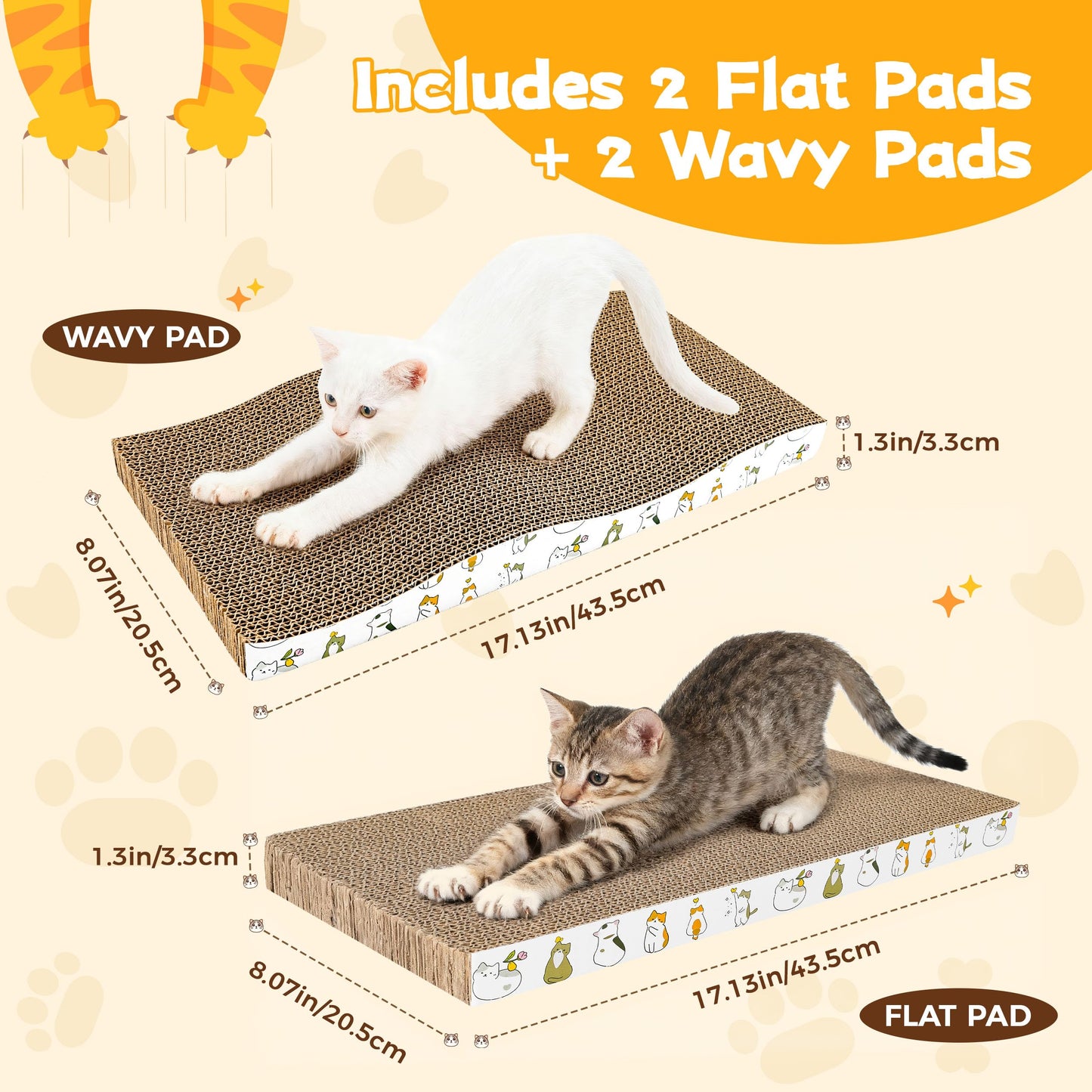 PatiencET Cardboard Cat Scratcher Pads, 4-Pack (2 Flat Pads