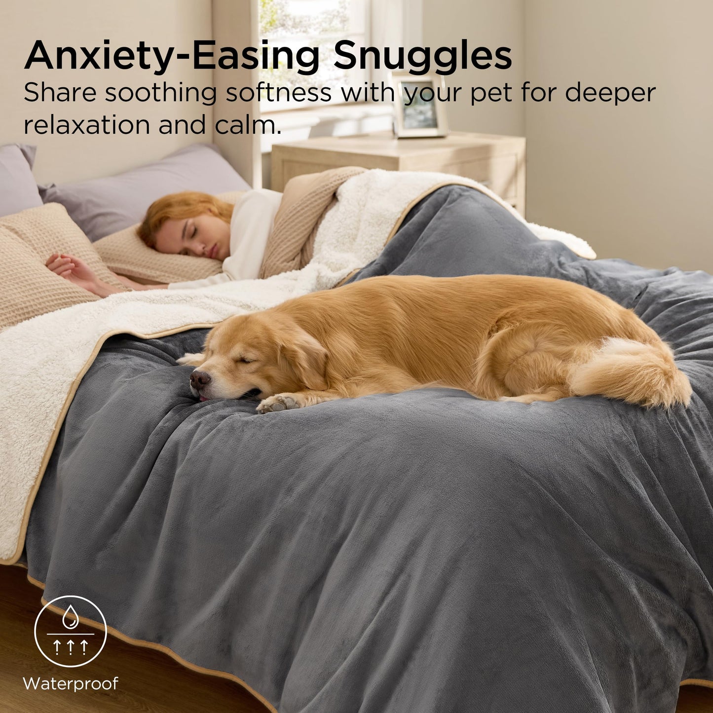 Bedsure Waterproof Blanket for Bed King Size- Sherpa Fleece Bed