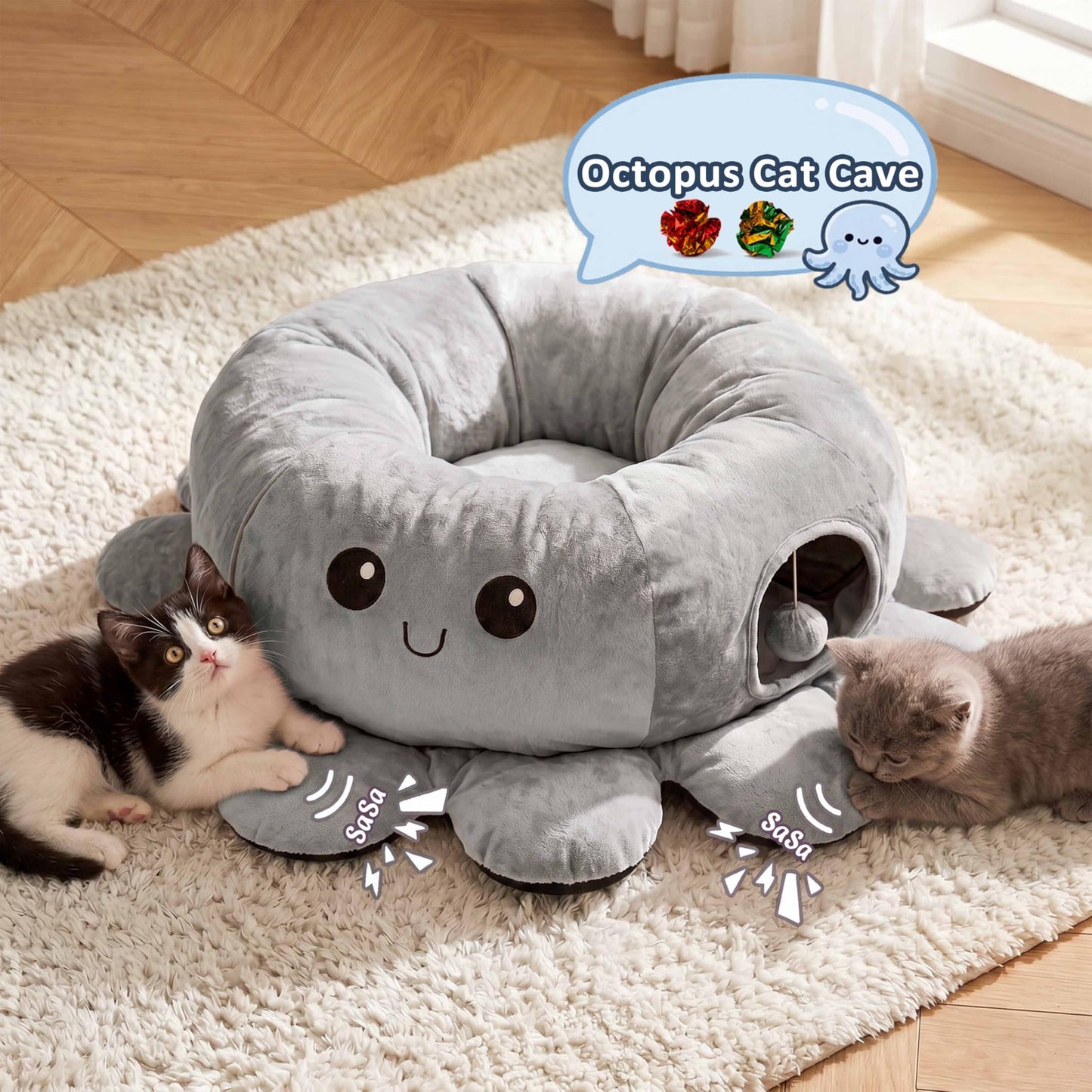 VIEFIN Cat Tunnel Bed for Indoor Cats, Peekaboo Cat Cave Bed with Bed