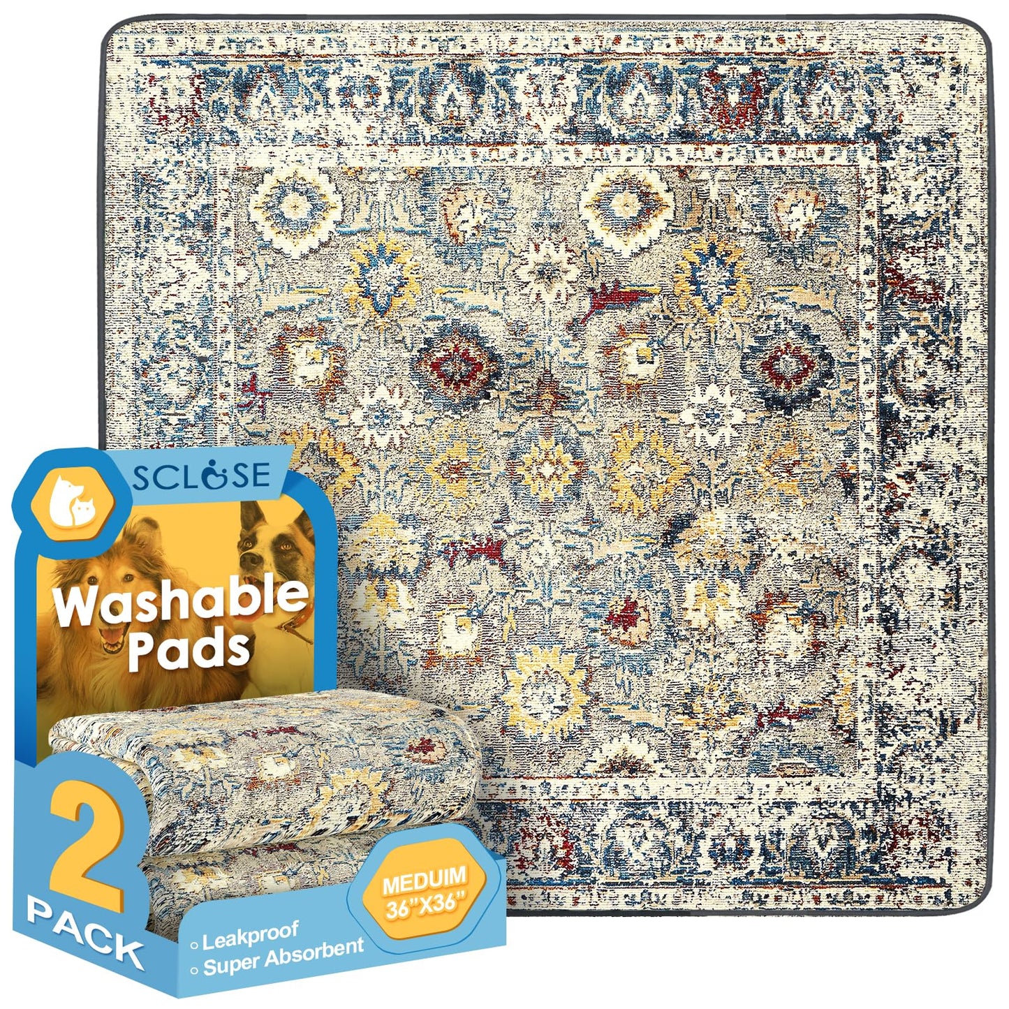 SCLOSE Washable Pee Pad for Dogs 2 Pack, 36" x 36" Reusable Puppy Mat