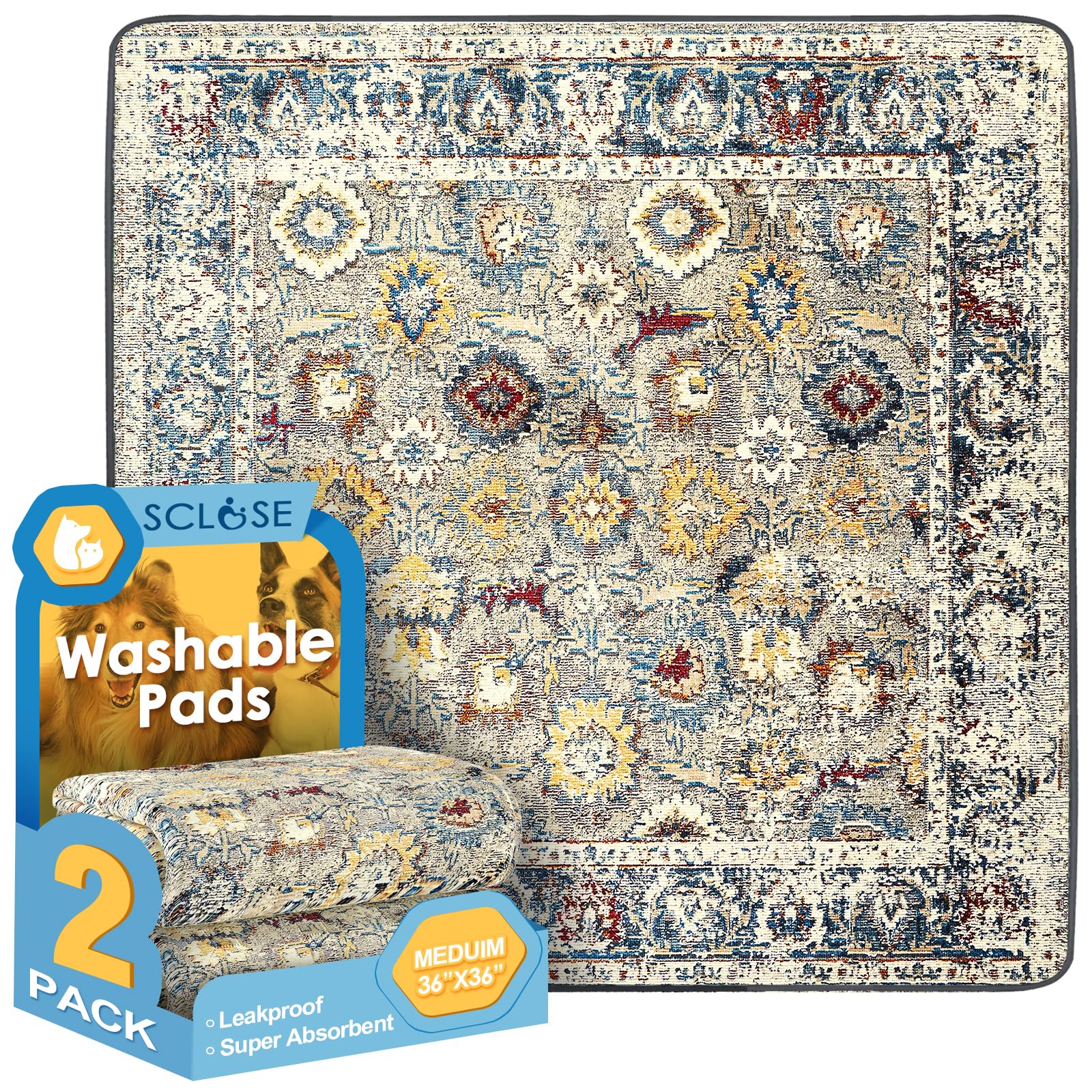 SCLOSE Washable Pee Pad for Dogs 2 Pack, 36" x 36" Reusable Puppy Mat