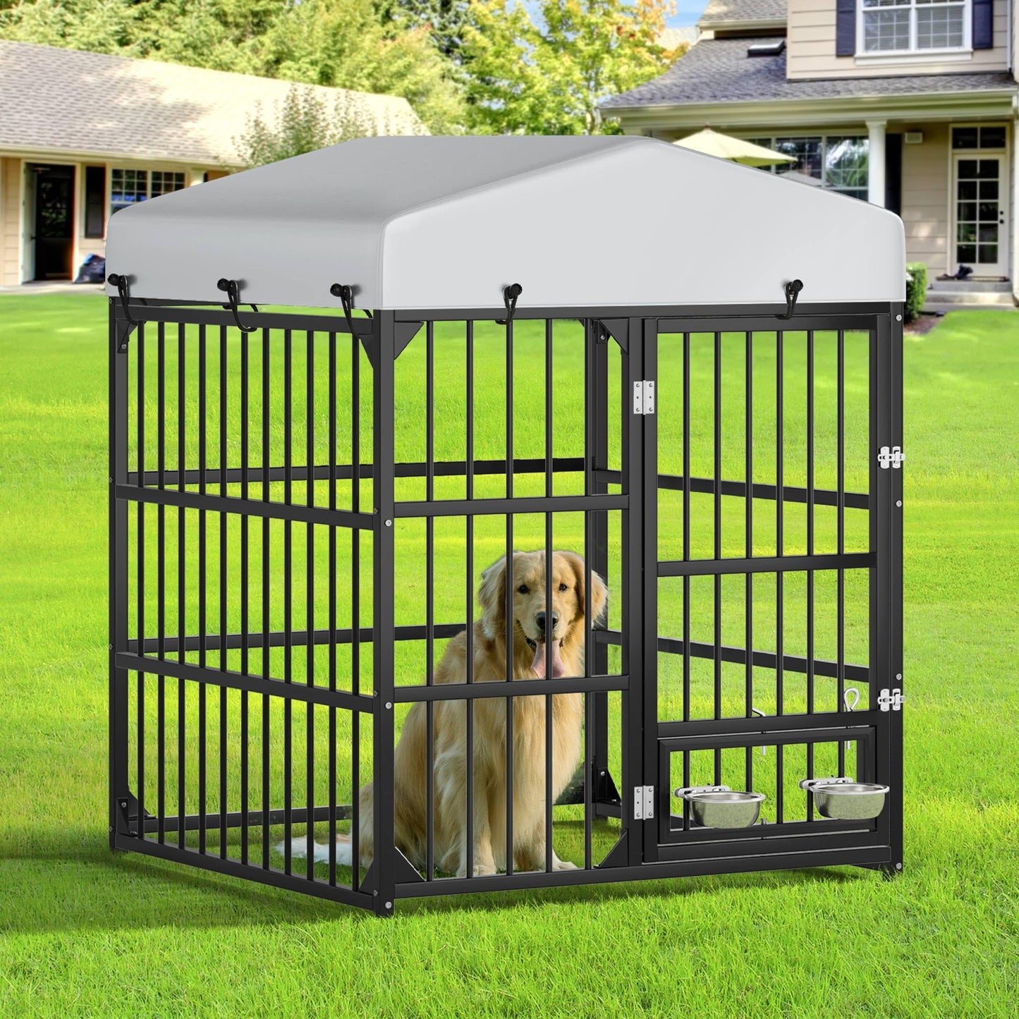 YITAHOME Outdoor Dog Enclosure with Rotating Feeder Bowls, 4'L Feeder