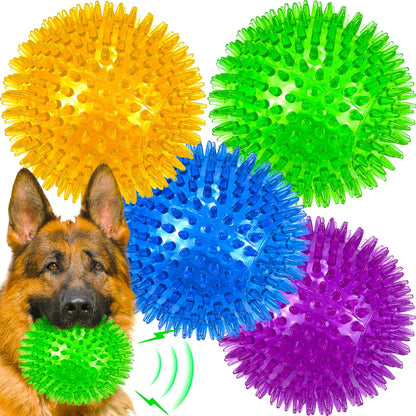 LECHONG 4-Pack Large Squeaky Dog Balls, 4.5" Rubber Spiky Dog Balls