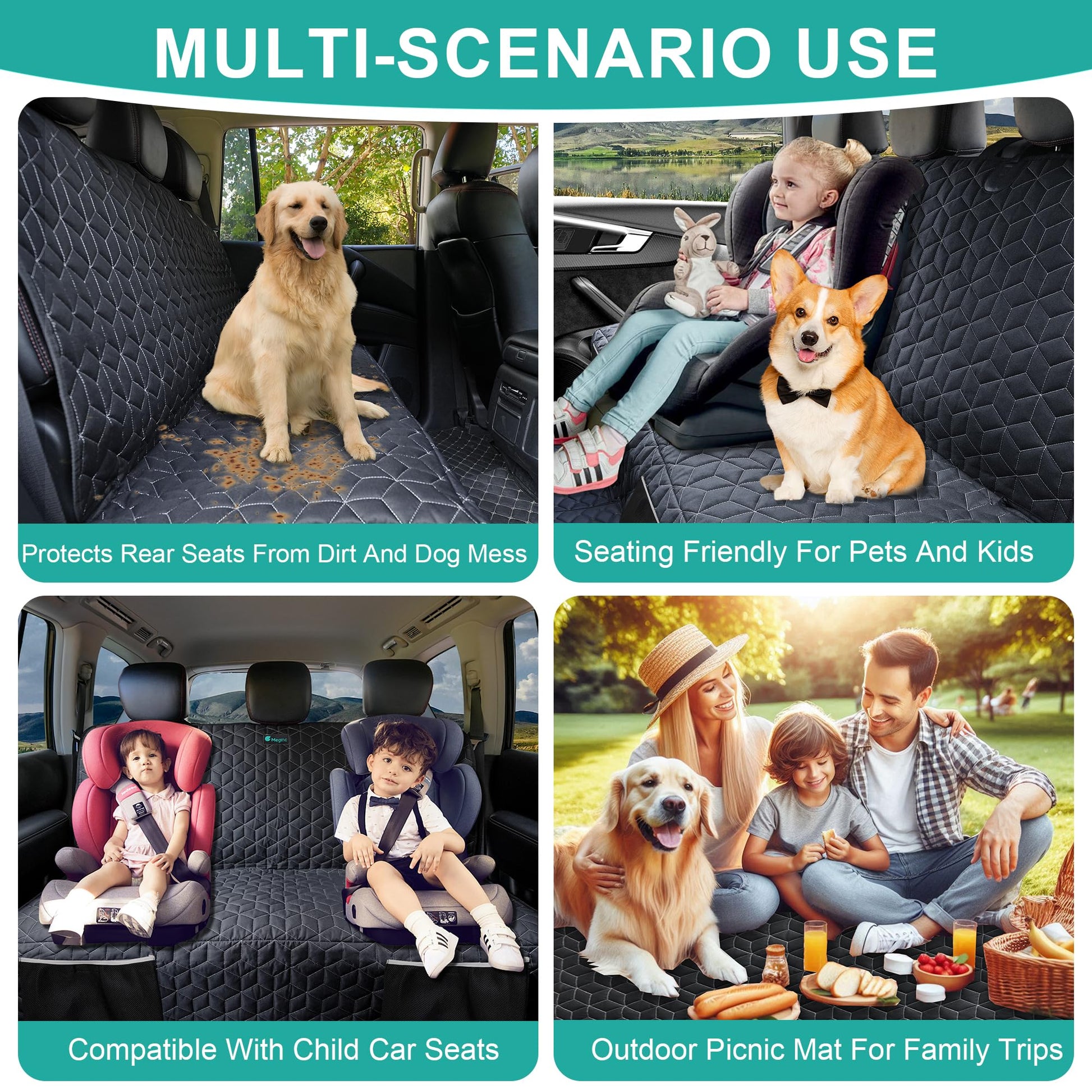 Meginc Dog Car Seat Covers for Back Seat,Waterproof Pet Bench Seat