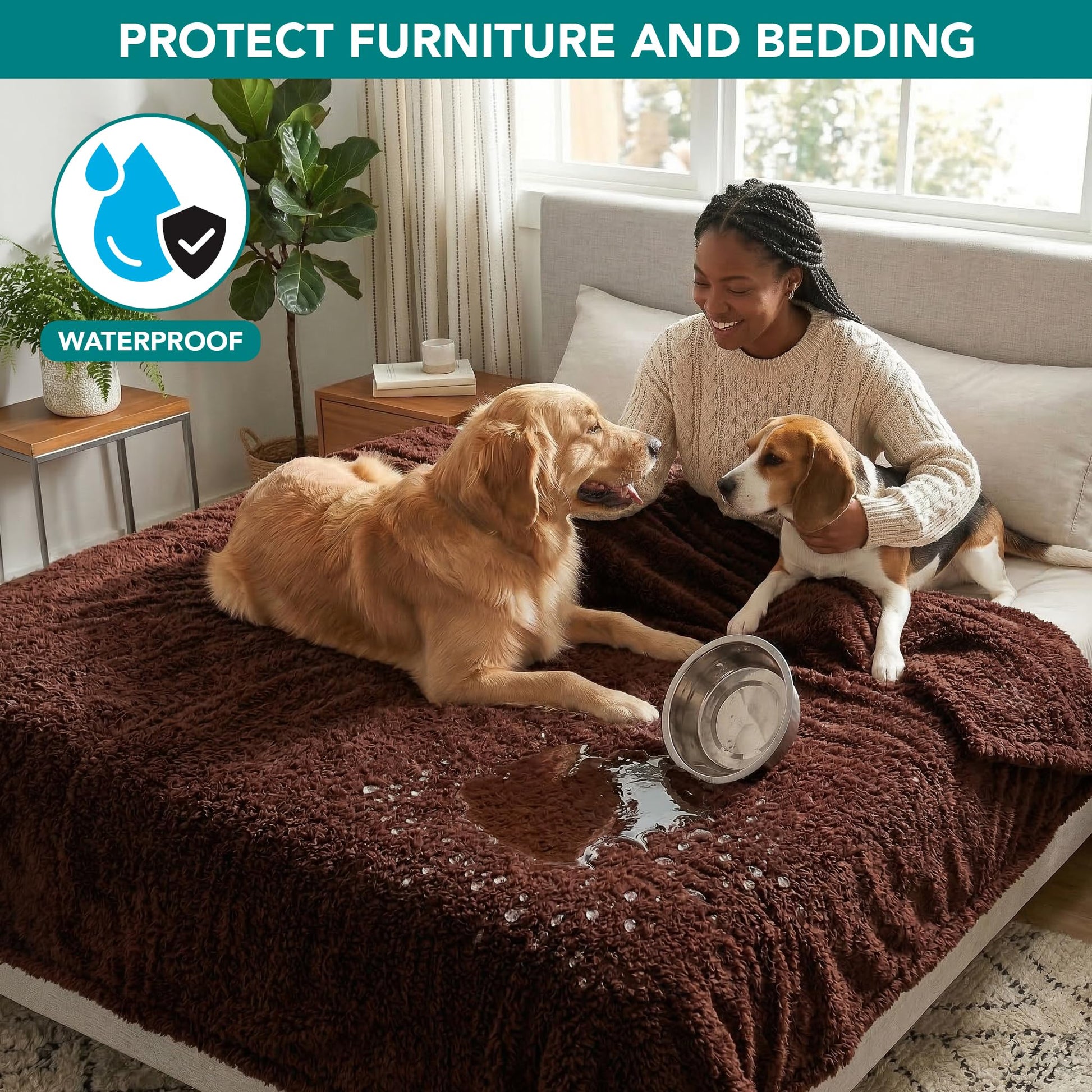 PetAmi Fluffy Waterproof Dog Blanket for Bed Large Dogs, Soft Crate
